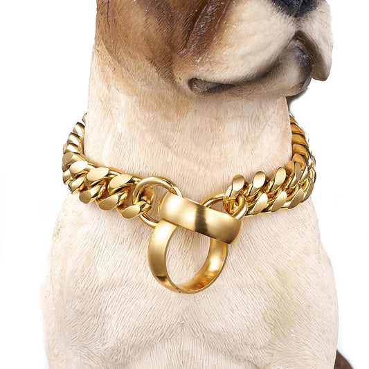 Collier de chien en chaîne cubaine polie dorée - Bouledogue Mania