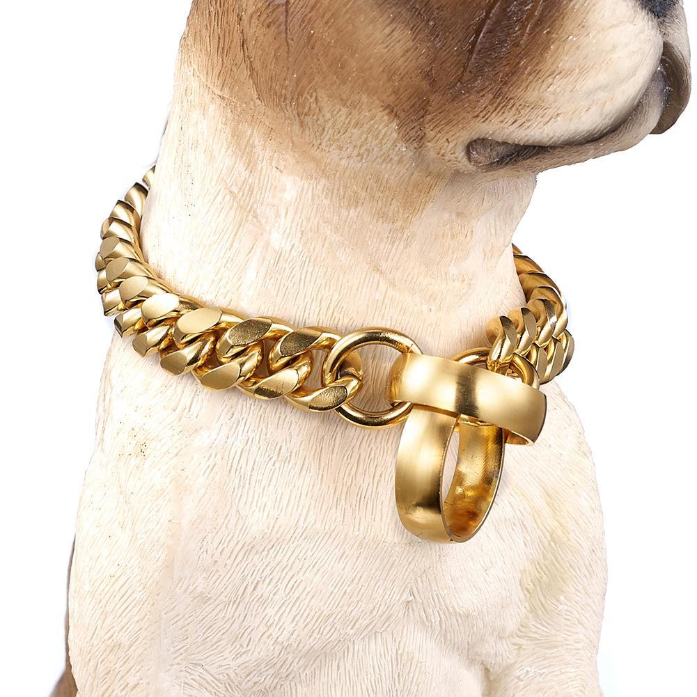 Collier de chien en chaîne cubaine polie dorée - Bouledogue Mania