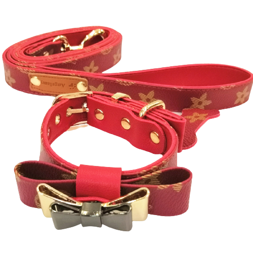 Ensemble collier et laisse Louis Vuitton rouge avec nœud papillon