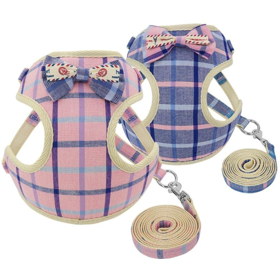 Ensemble harnais et laisse Collection Bow Tie Pink Plaid