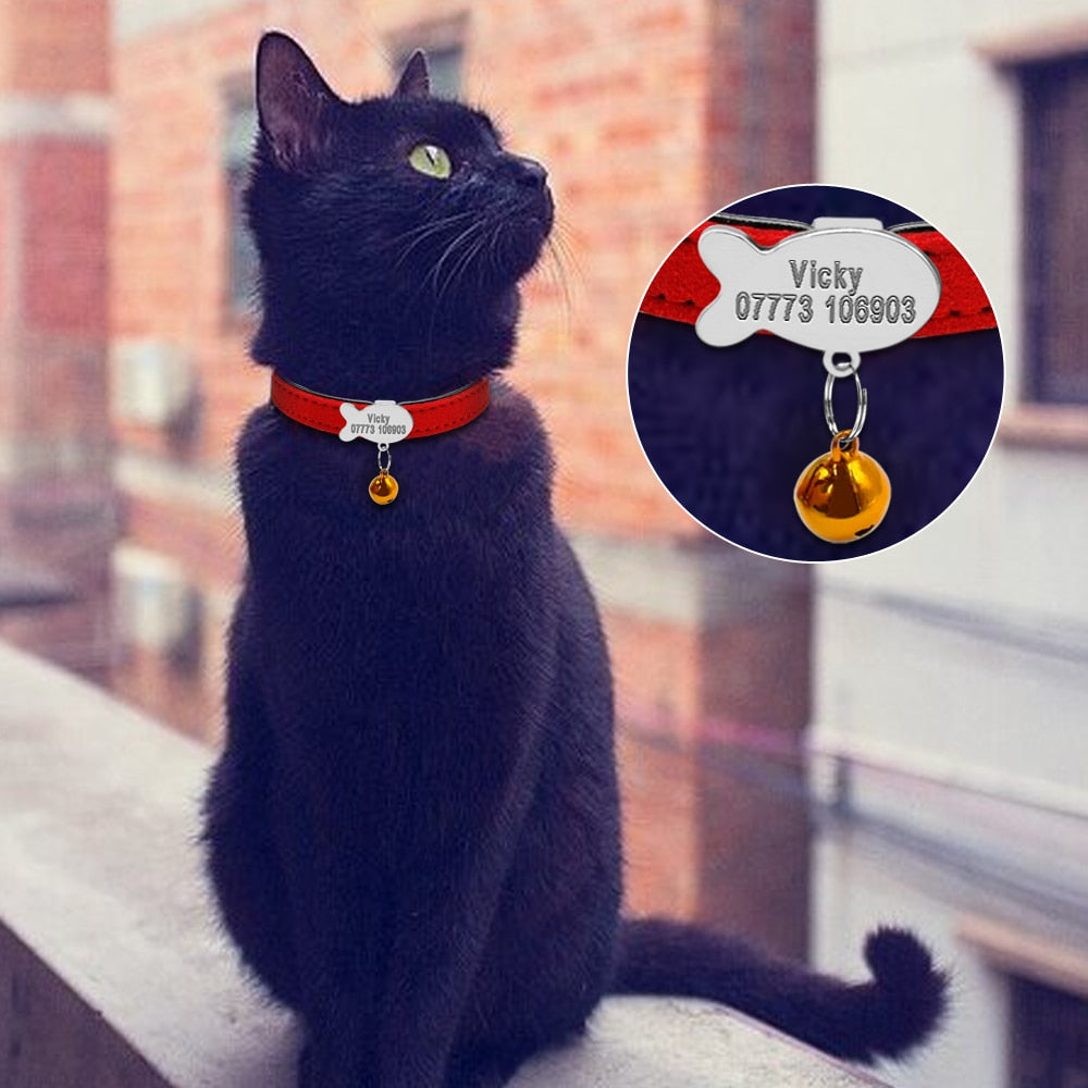 Collier en cuir pour chat avec étiquette d'identification personnalisée