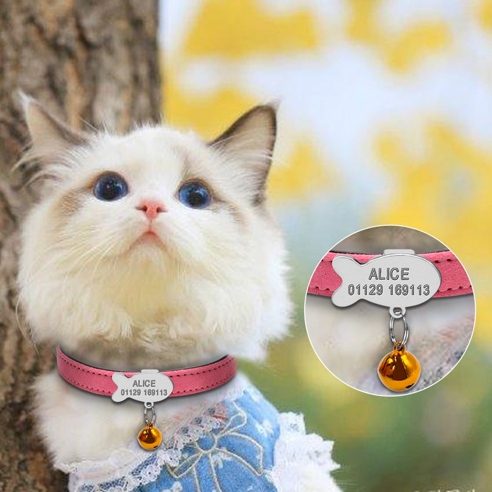 Collier en cuir pour chat avec étiquette d'identification personnalisée