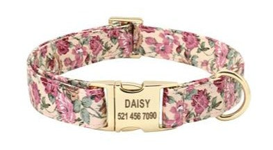 Ensemble collier et laisse à fleurs avec plaque d'identité gravée personnalisée