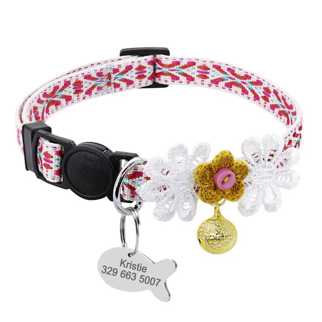 Collier à fleurs pour chat avec puce d'identification personnalisée